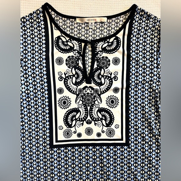 Studio M Black Blue and White Patterned Dress Women’s Size Medium - Picture 2 of 15